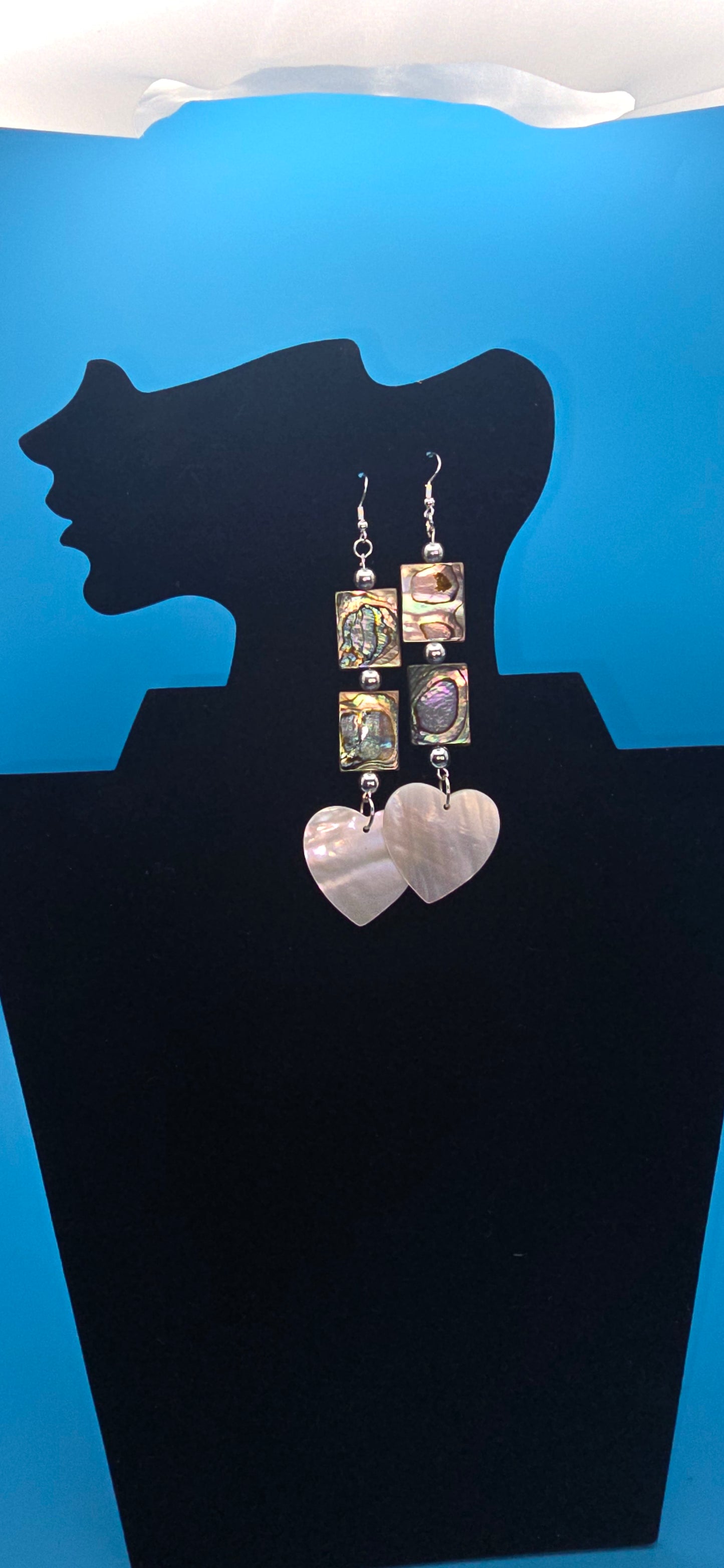 Abalone shell dangle earrings, with Heart Mother of Pearl