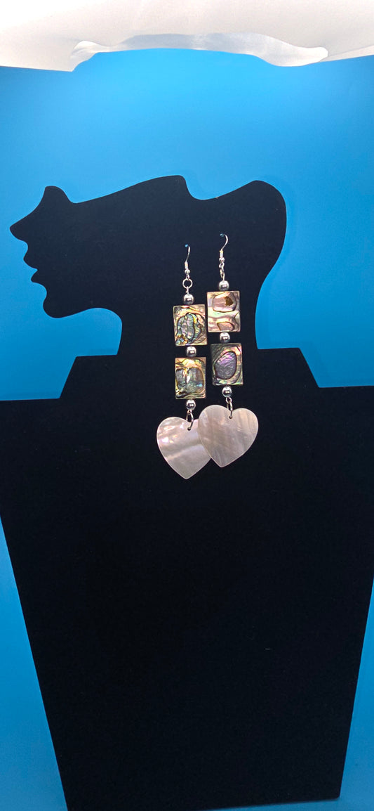 Abalone shell dangle earrings, with Heart Mother of Pearl