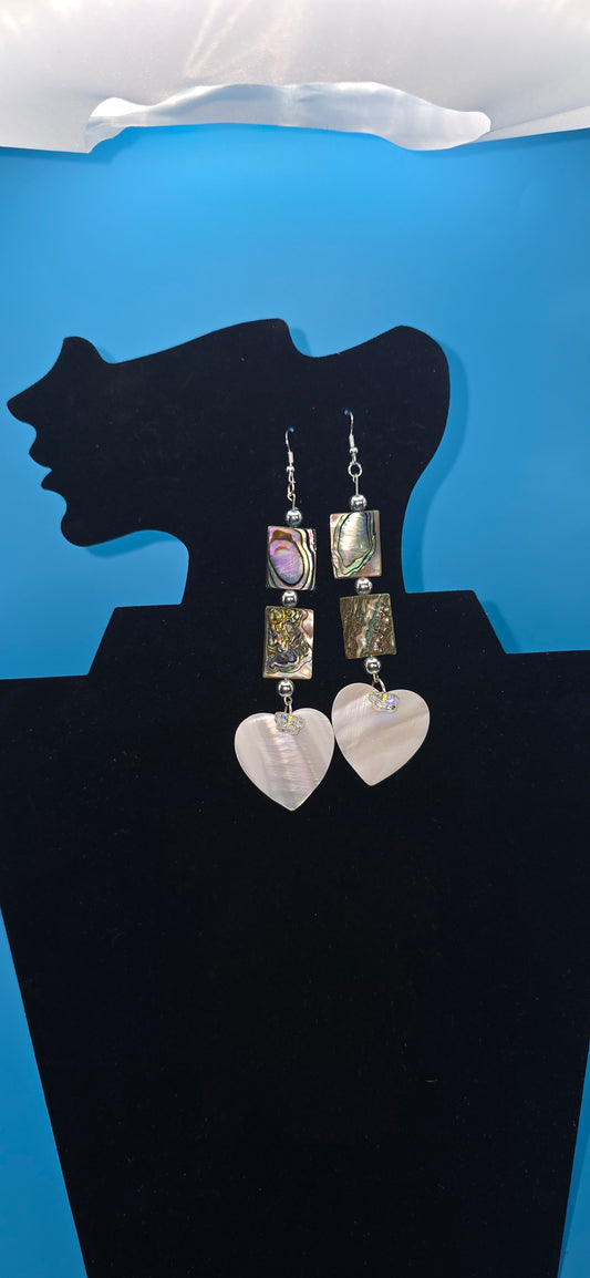 Abalone shell dangle earrings, with Heart Mother of Pearl